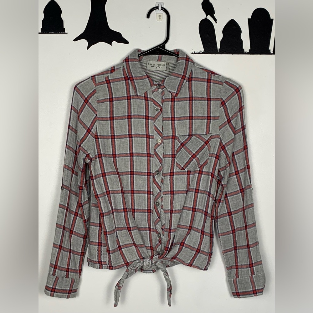 Dress Forum Red and Gray Plaid Tie Front Top